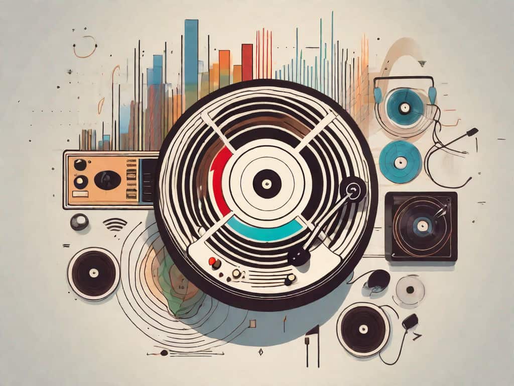 A vintage record player with a variety of music genres represented by different colored vinyl records