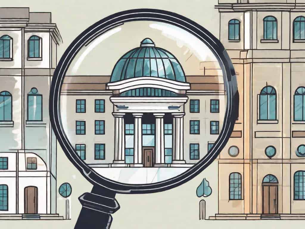 A magnifying glass focusing on a security company building with key symbols around it