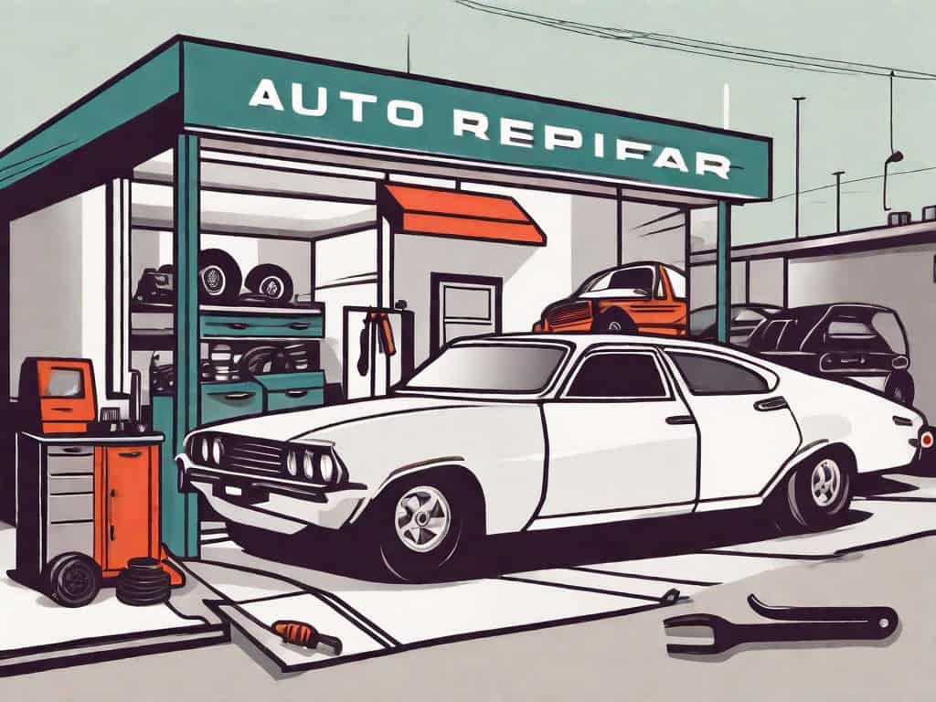 An auto repair shop with a 'for sale' sign out front