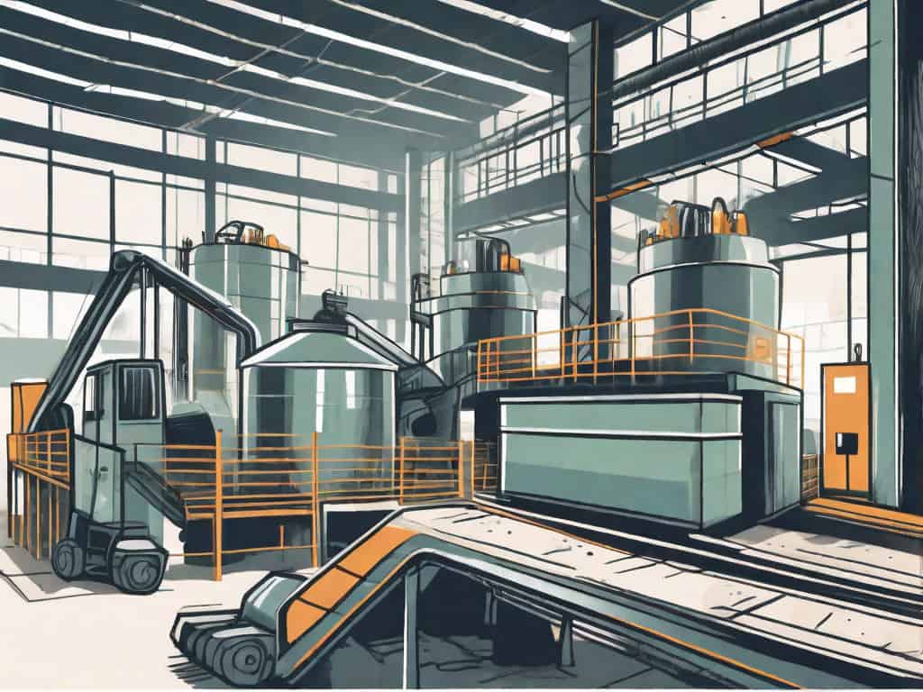 A recycling plant with various recycling machinery and sorted recyclable materials