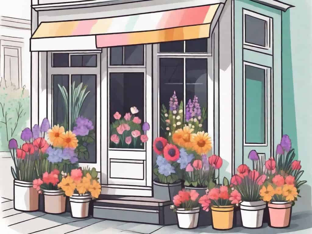 A quaint florist shop with a variety of colorful flowers displayed in the window