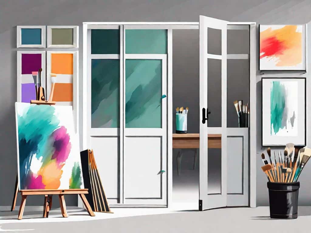 A vibrant art studio with various painting tools