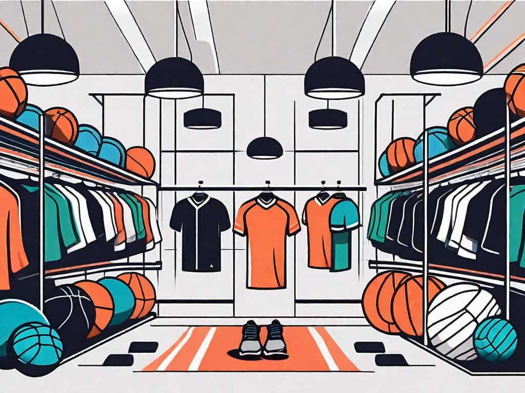 A vibrant sporting goods store with various sports equipment like balls
