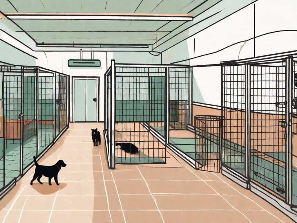 A pet boarding facility with various sections like dog kennels