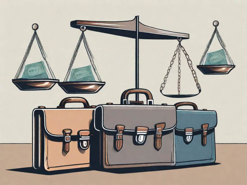 A scale balancing a single business briefcase (representing sole proprietorship) on one side and multiple briefcases (representing llc) on the other side