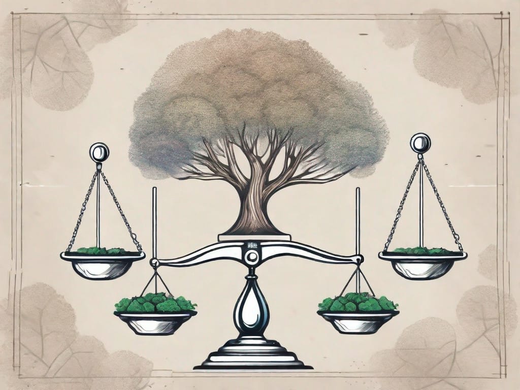 A balanced scale with a family tree on one side and a storefront on the other
