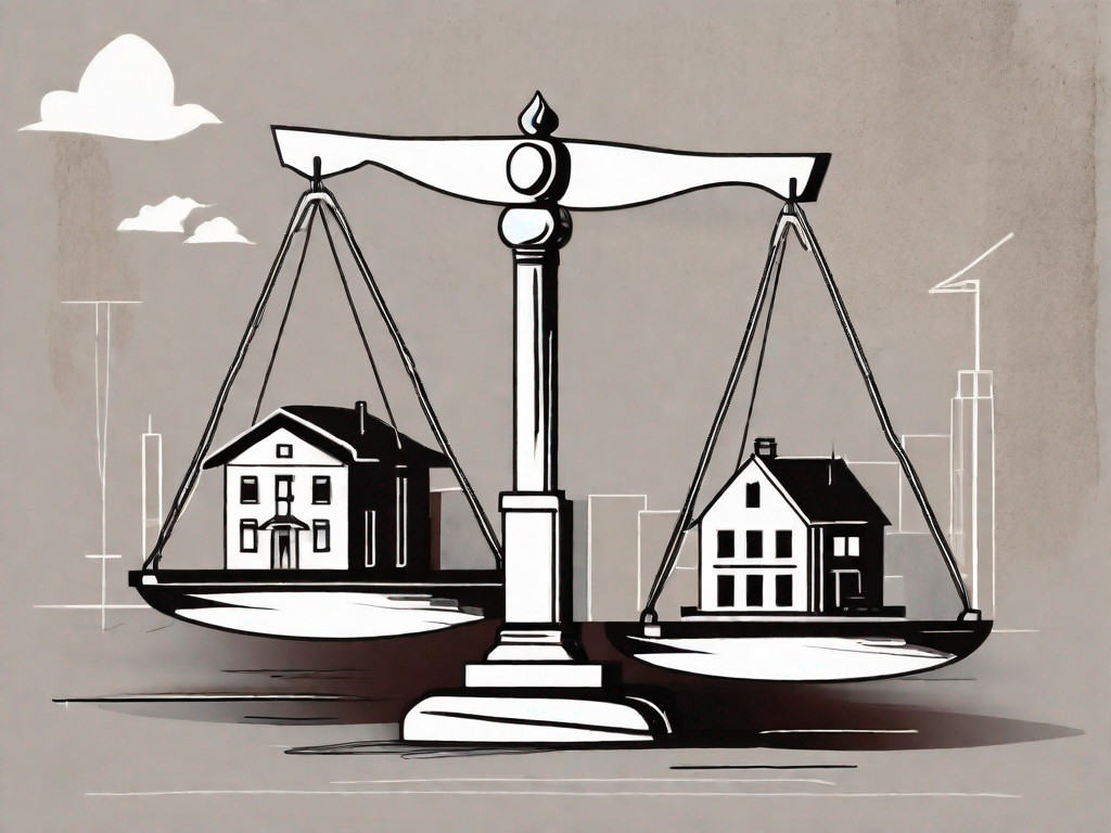 A balanced scale with a business building on one side and a real estate broker's sign on the other