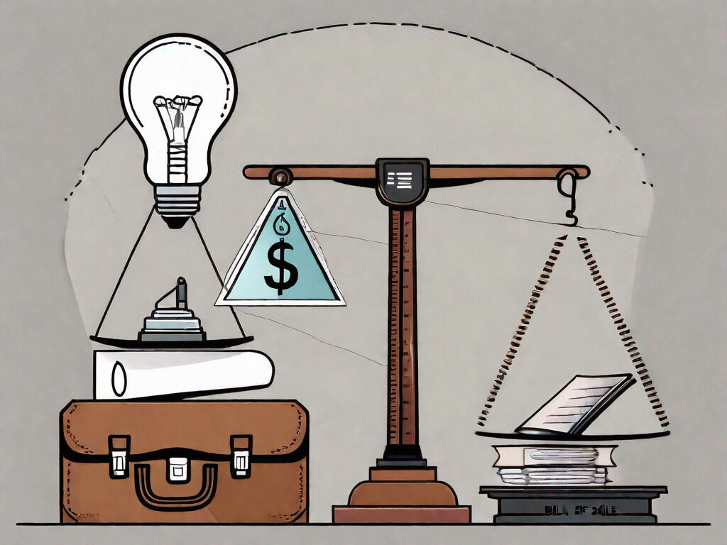 A scale balancing a paper labeled 'bill of sale' on one side and a light bulb (symbolizing an idea or ip) on the other