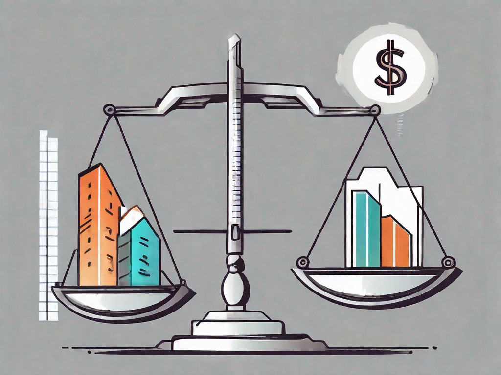 A balance scale with various business-related icons such as a building