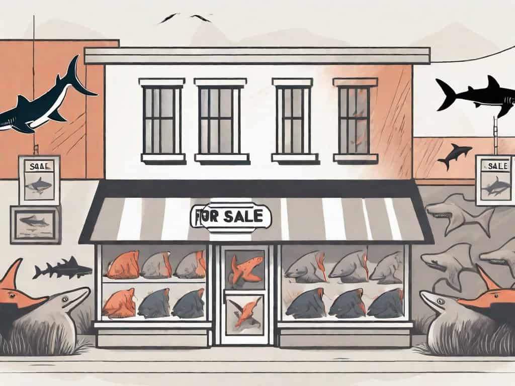 A small store with a "for sale" sign being circled by predatory animals like sharks and vultures