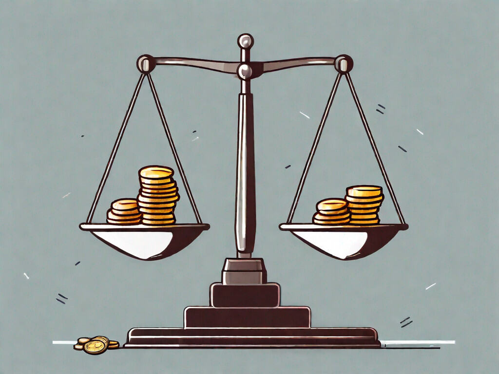A balanced scale with a business building on one side and a bag of coins on the other