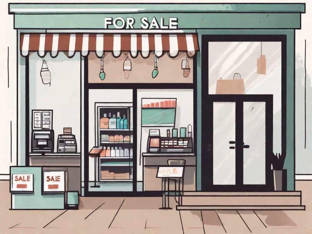 A business storefront with a 'for sale' sign hanging on it