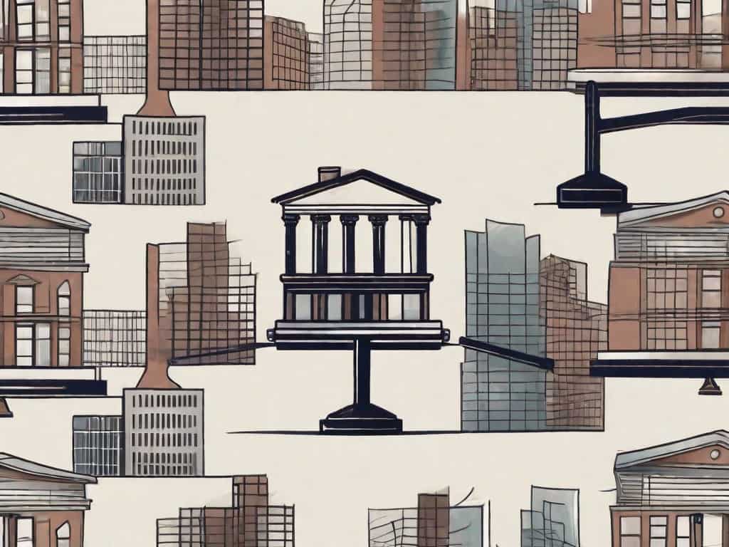 A balanced scale with a building on one side and a contract on the other
