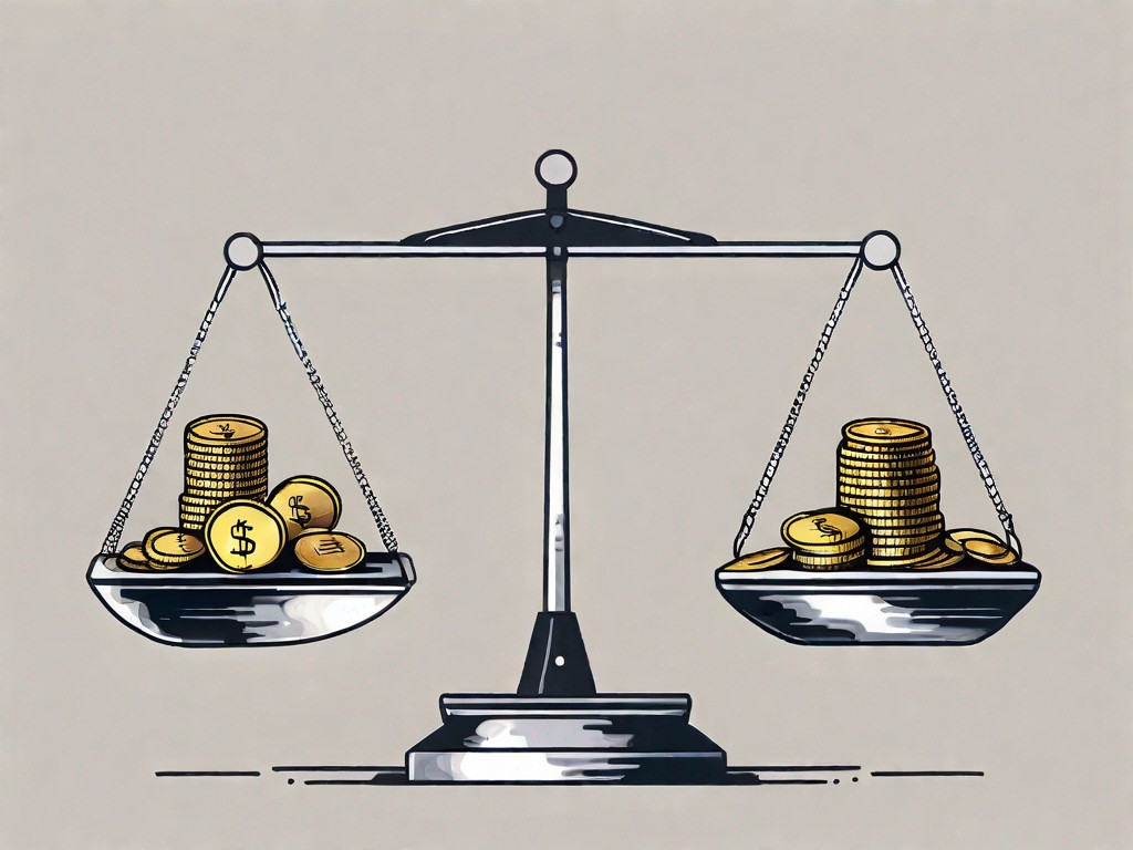 A pair of scales balancing a small business building on one side and a bag of coins on the other