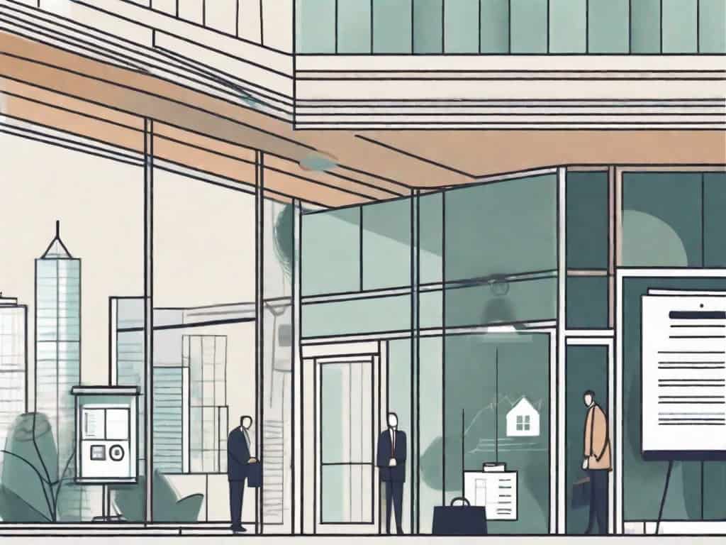 A business building with a magnifying glass hovering over it