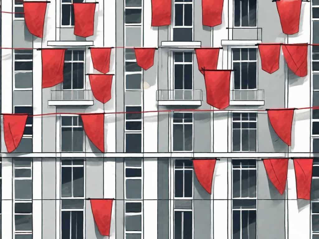 A business building with red flags popping up from various windows and doors