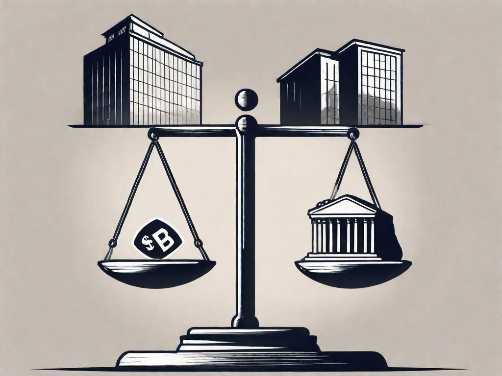 A balance scale with a building representing a business on one side and a bag of money on the other