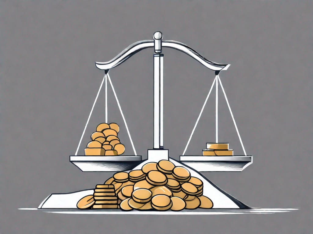 A balanced scale with a building symbolizing a business on one side and a bag of coins on the other