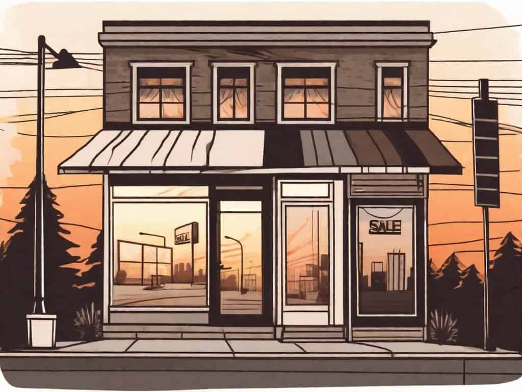 A business storefront with a "for sale" sign hanging on it