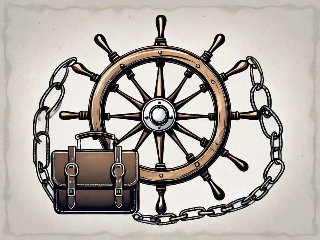 A ship steering wheel tied with chains to a briefcase