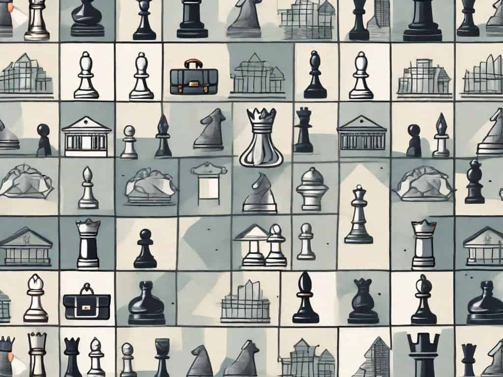 A chessboard with different business-related icons as chess pieces