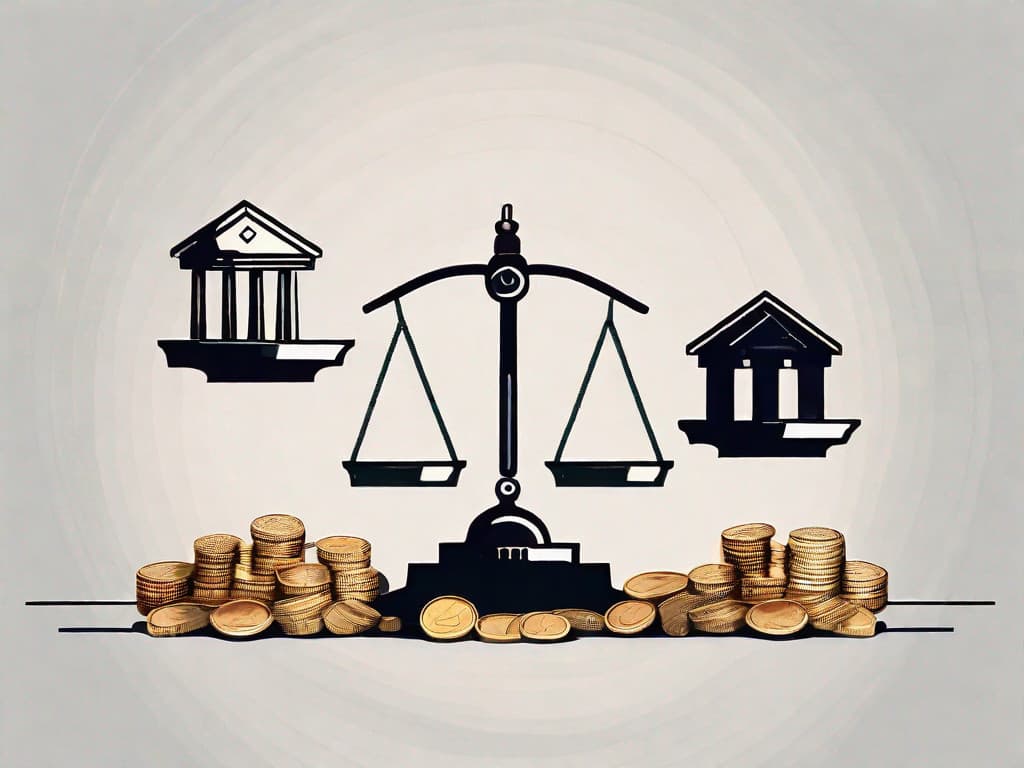 A balanced scale with a building on one side and a pile of coins on the other
