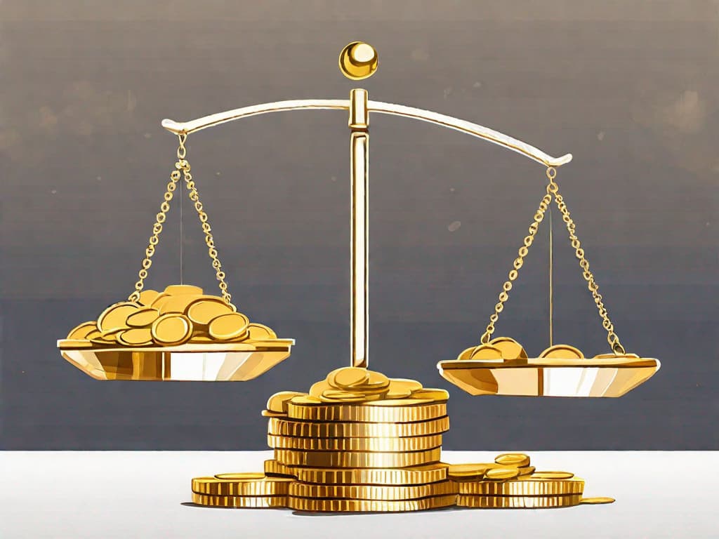 A pair of golden scales balancing a small business building and a pile of gold coins