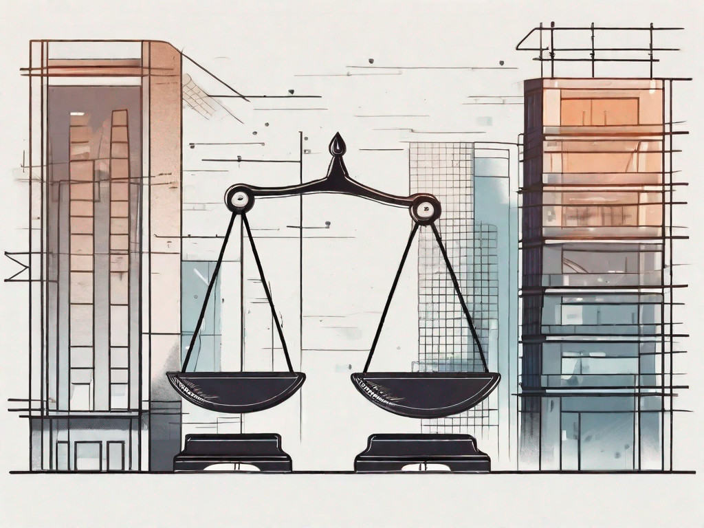 A pair of scales balancing different elements of a business such as buildings