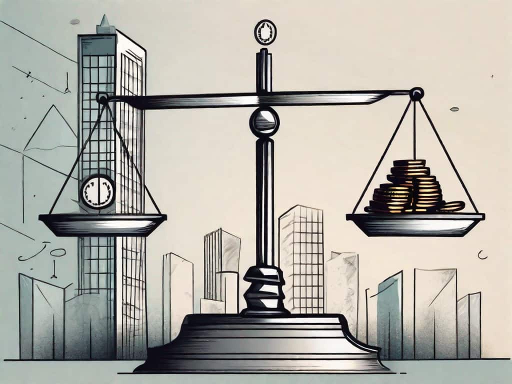 A balance scale with a building on one side and a variety of currency symbols on the other