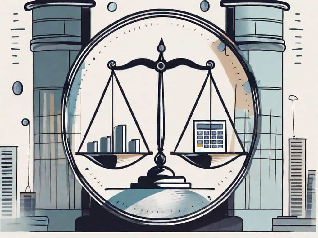 A set of scales balancing a business building and various financial documents