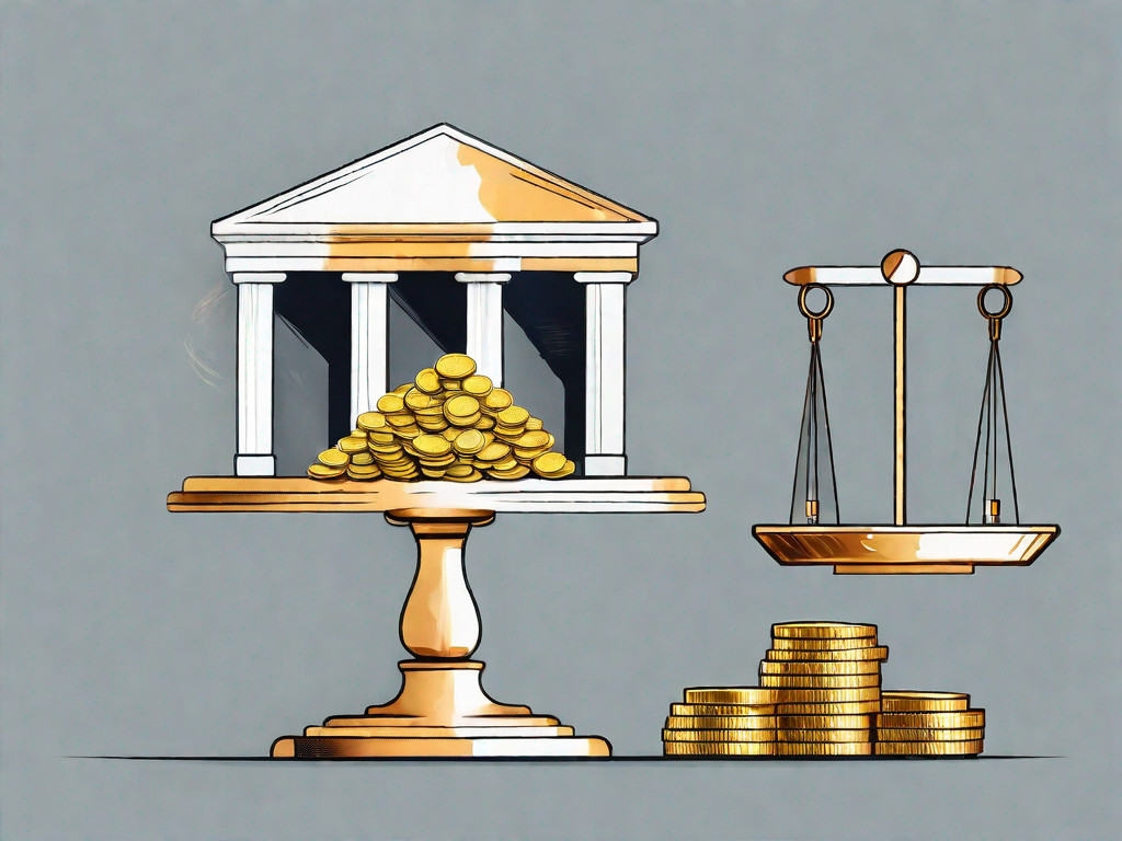 A balanced scale with a building on one side and a pile of gold coins on the other