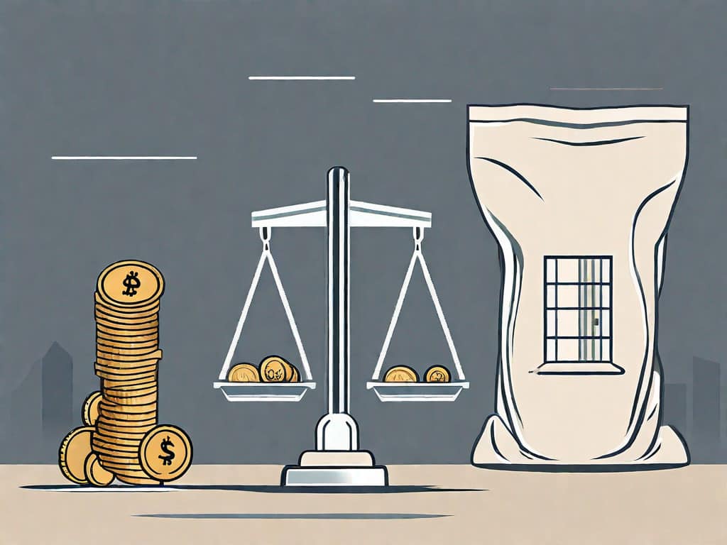 A scale balancing a small business building and a bag of coins