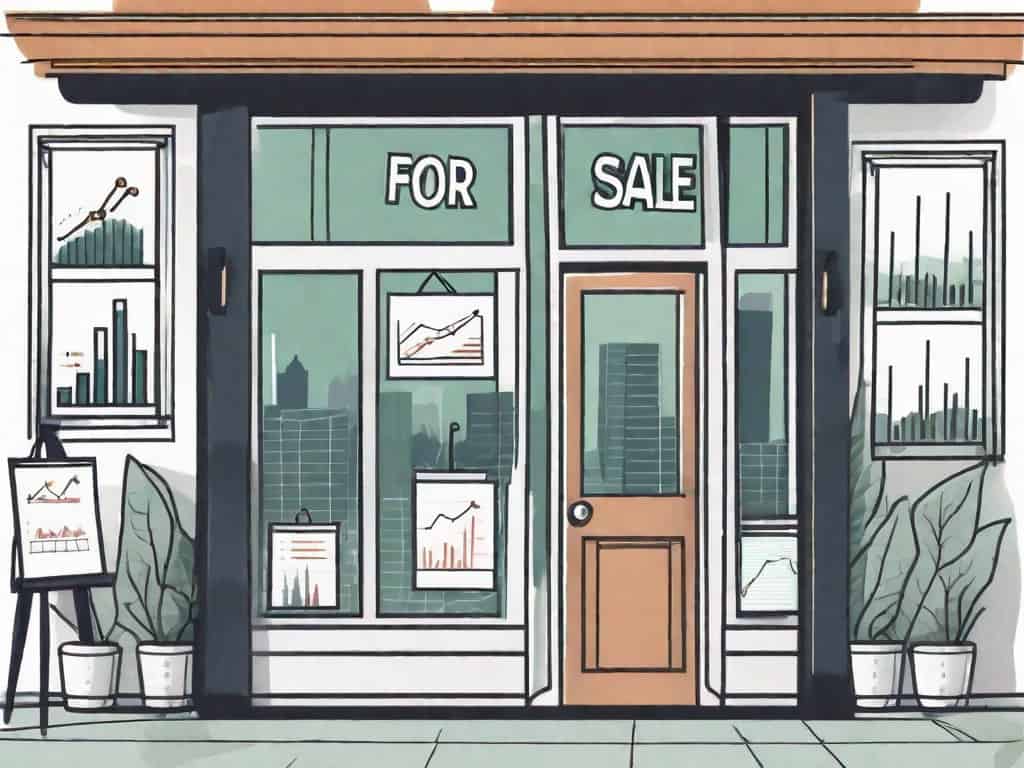 A business storefront with a "for sale" sign