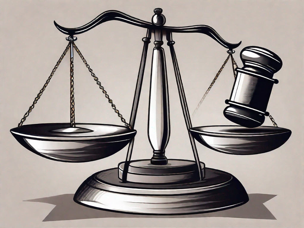 A balanced scale with a business building on one side and a gavel on the other