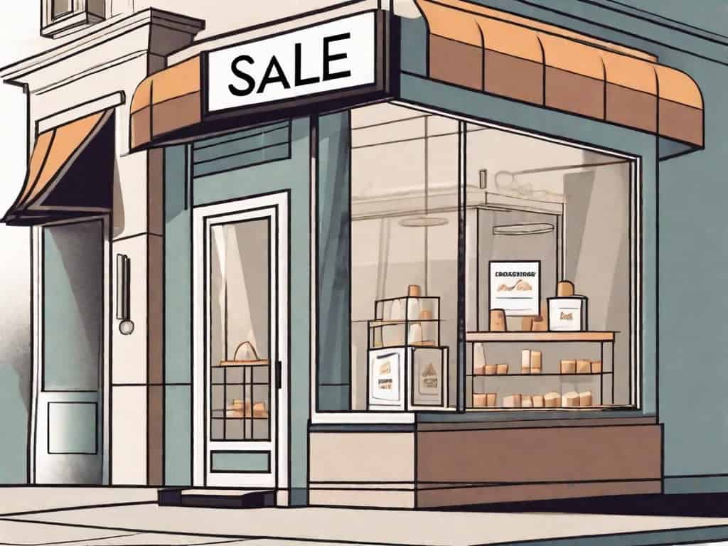 A business storefront with a "for sale" sign in the front