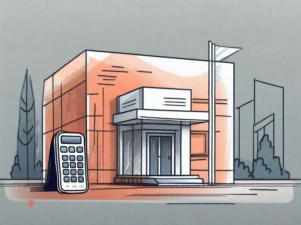 A business building with a price tag attached and a calculator next to it