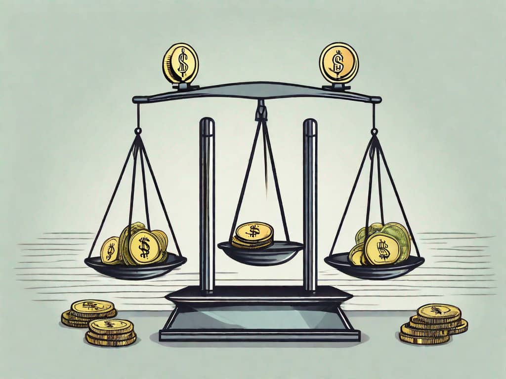 A scale balancing a business establishment on one side and a pile of money on the other side