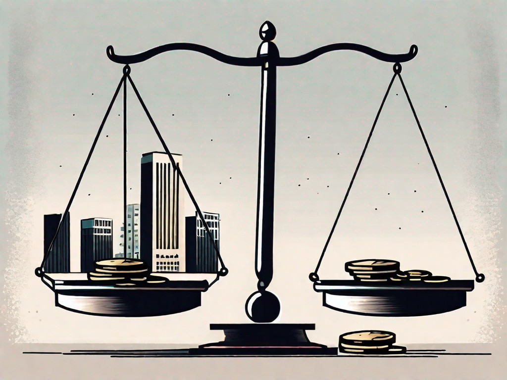 A balance scale with a business building on one side and a pile of coins on the other
