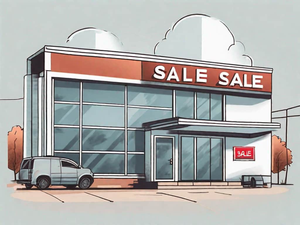 A business building with a 'for sale' sign in front
