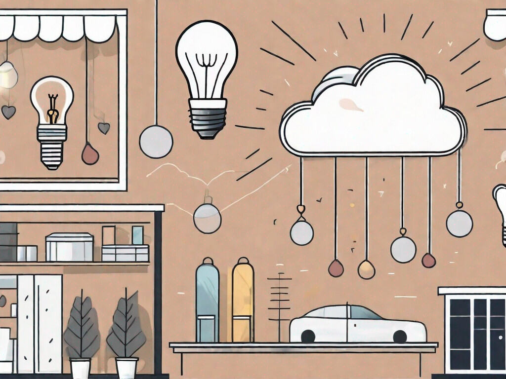 A business storefront with symbolic intangible assets like a light bulb (for ideas)