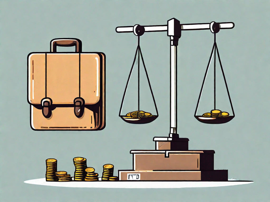 A scale balancing a briefcase (symbolizing a business) and a pile of coins (symbolizing income)