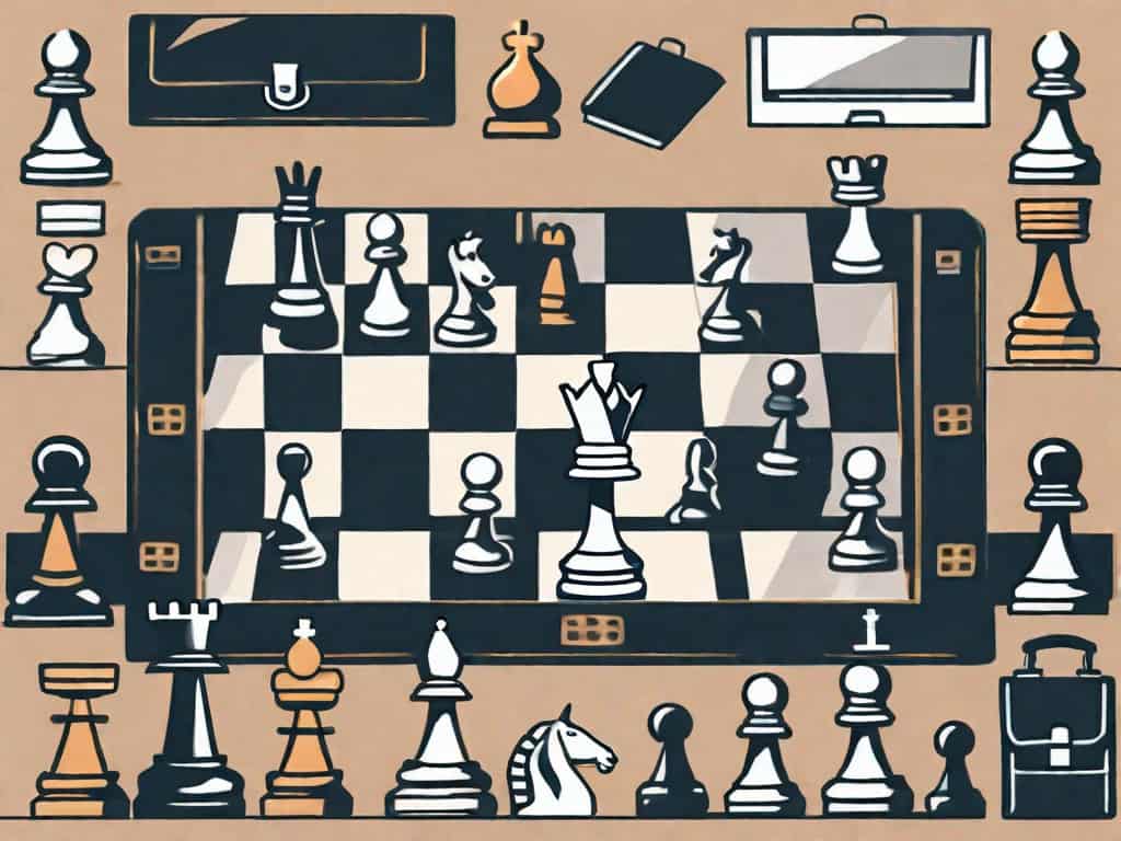 A chess board with various business-related items such as a building
