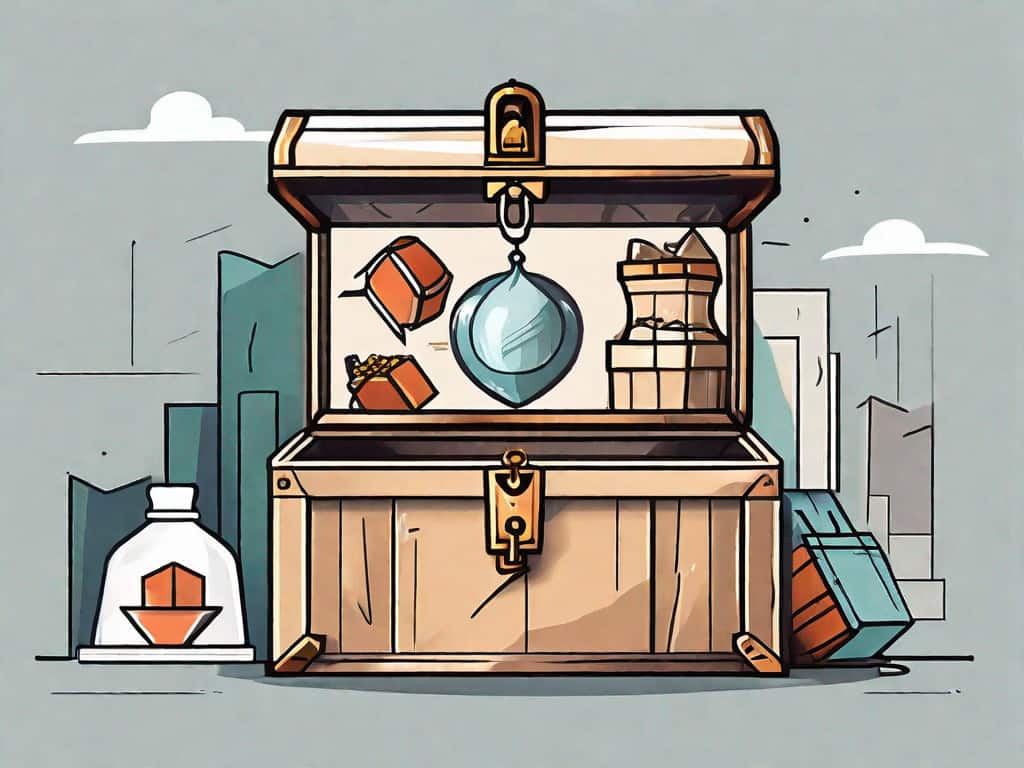 A business establishment with a 'for sale' sign on it and a hand-drawn arrow pointing towards a large treasure chest filled with various items representing business assets