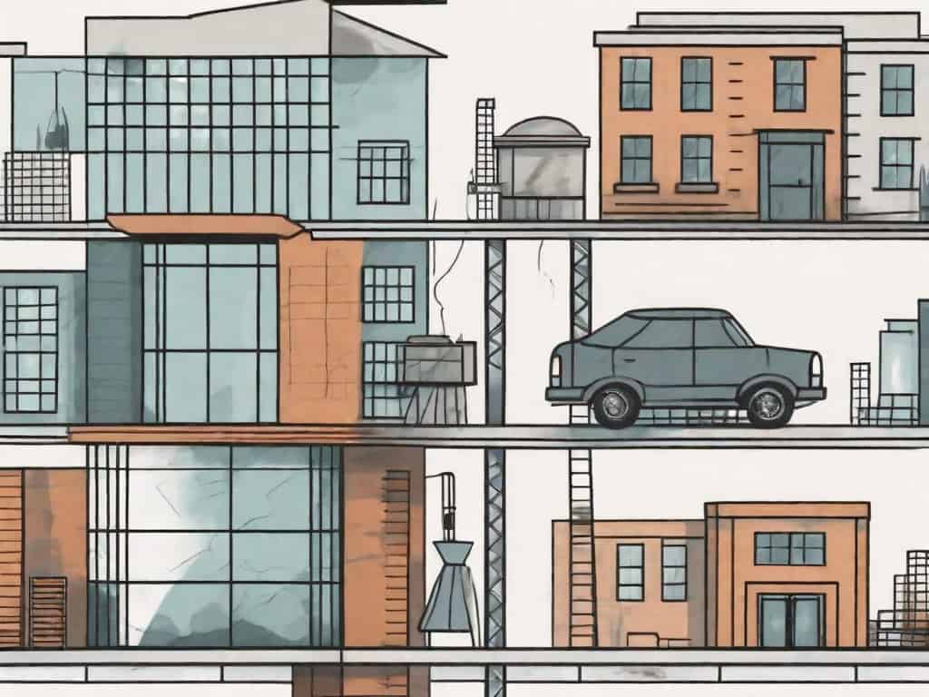 A scale balancing a building (representing a business) on one side and various assets like machinery