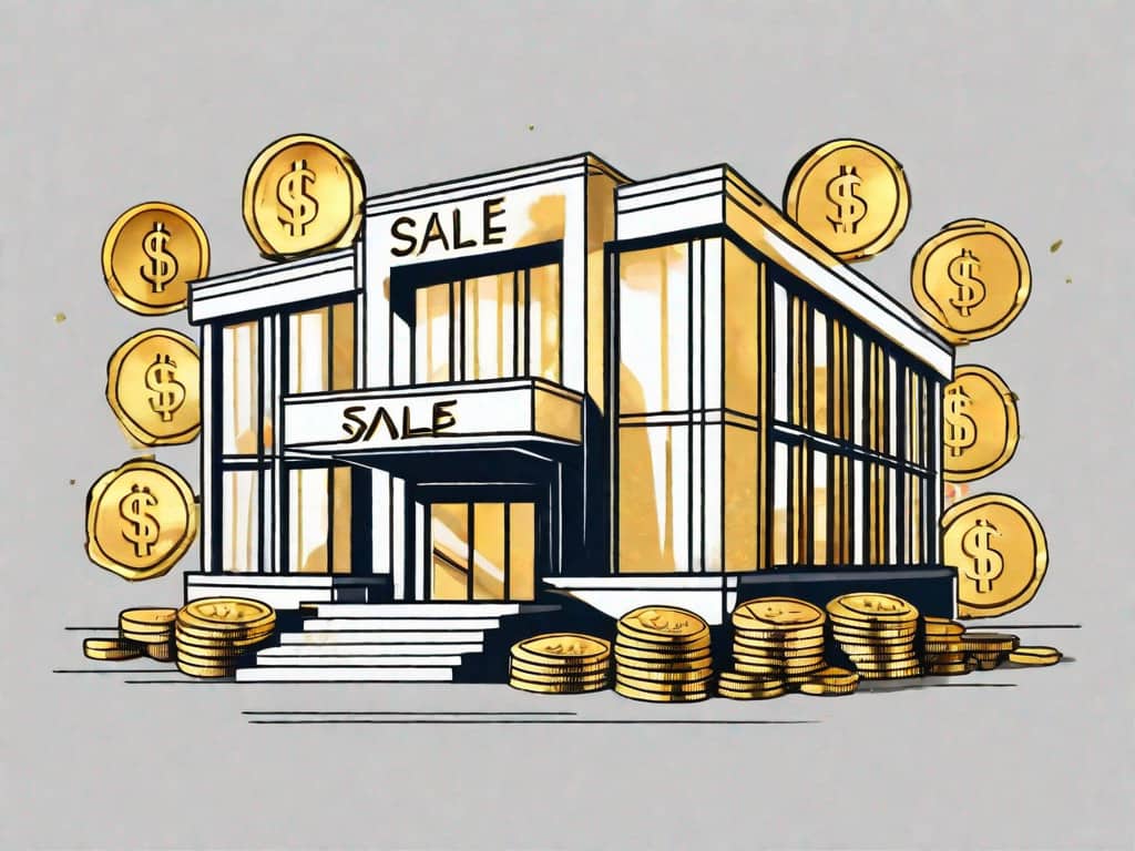A large building with a 'for sale' sign in front