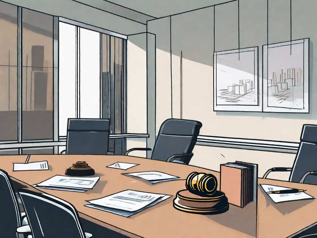 A conference room table with scattered documents