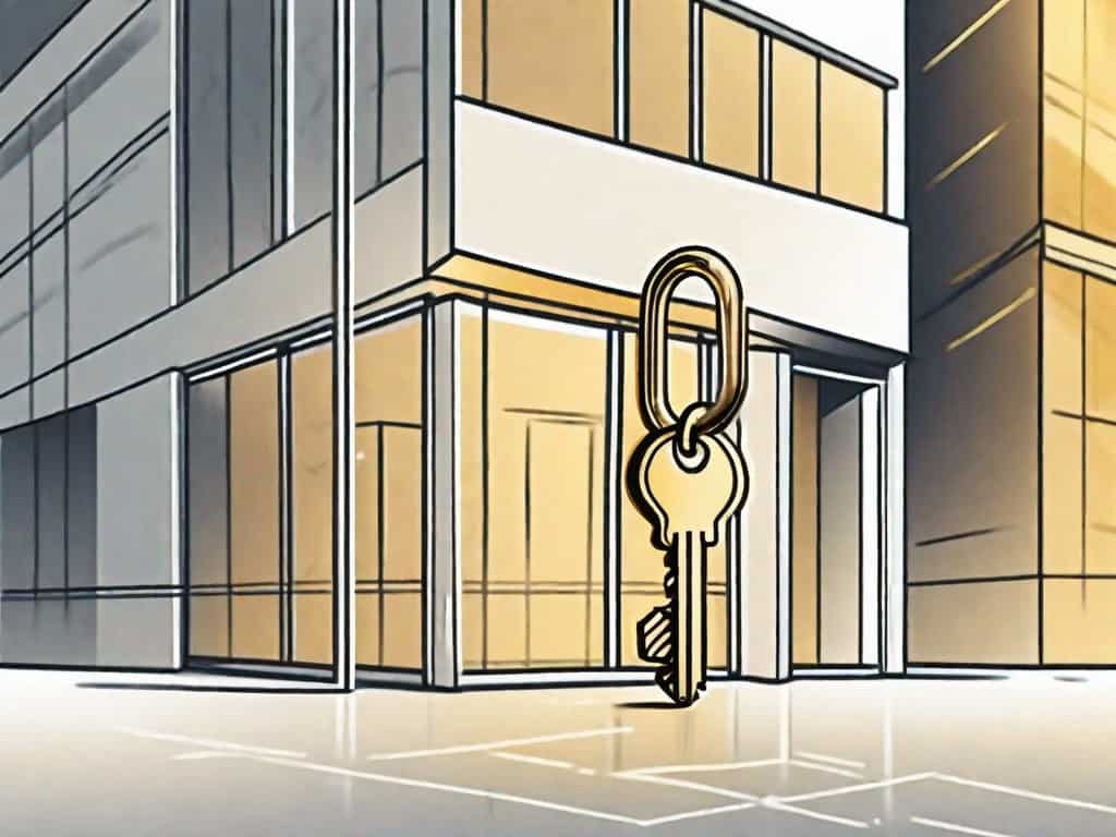 A golden key being inserted into a business building