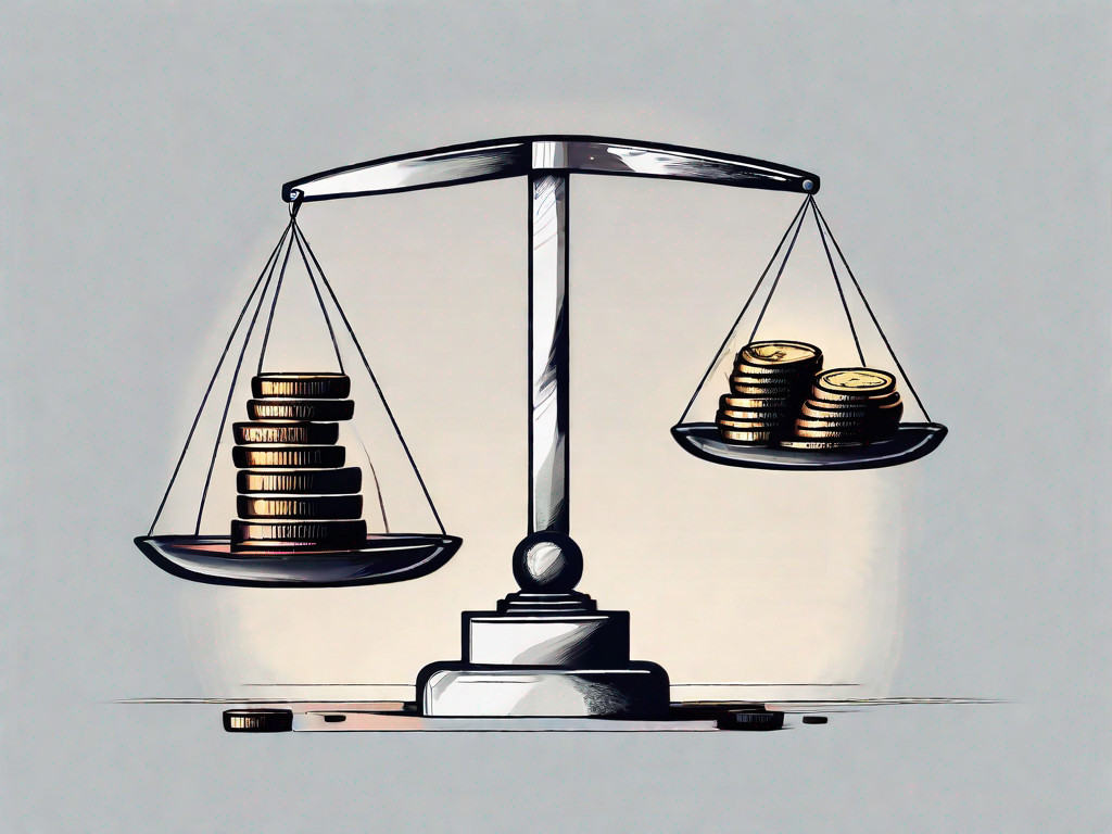 A balanced scale with a building on one side and a pile of coins on the other