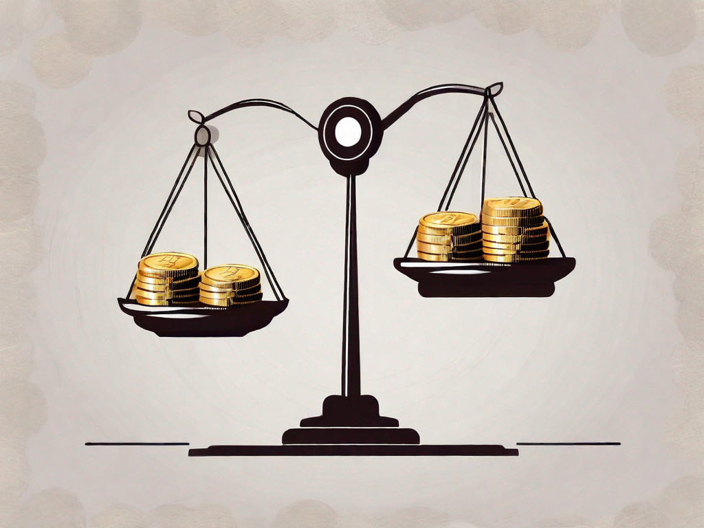 A balance scale with a stack of coins on one side representing a majority share and a small business building on the other side