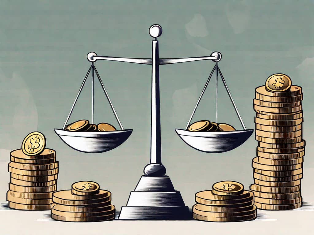 A balance scale with stacks of coins on one side representing equity financing and a building symbolizing a business on the other side